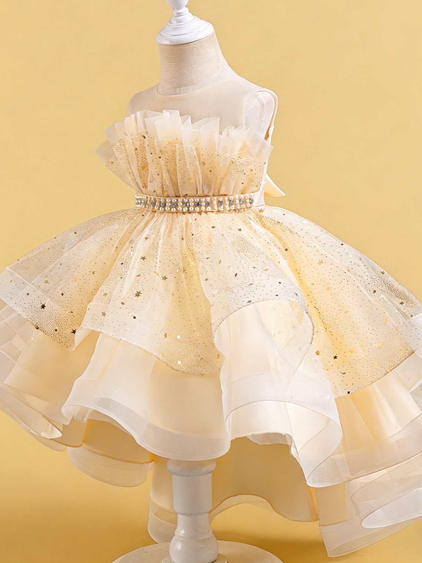 Zvzio Girls Asymmetric Train Princess Dress | Gold Star Tulle Shell Neckline Bustier Waist Diamond Chain Double-Layer Skirt Flower Girl Dress Set - Ages 4-9