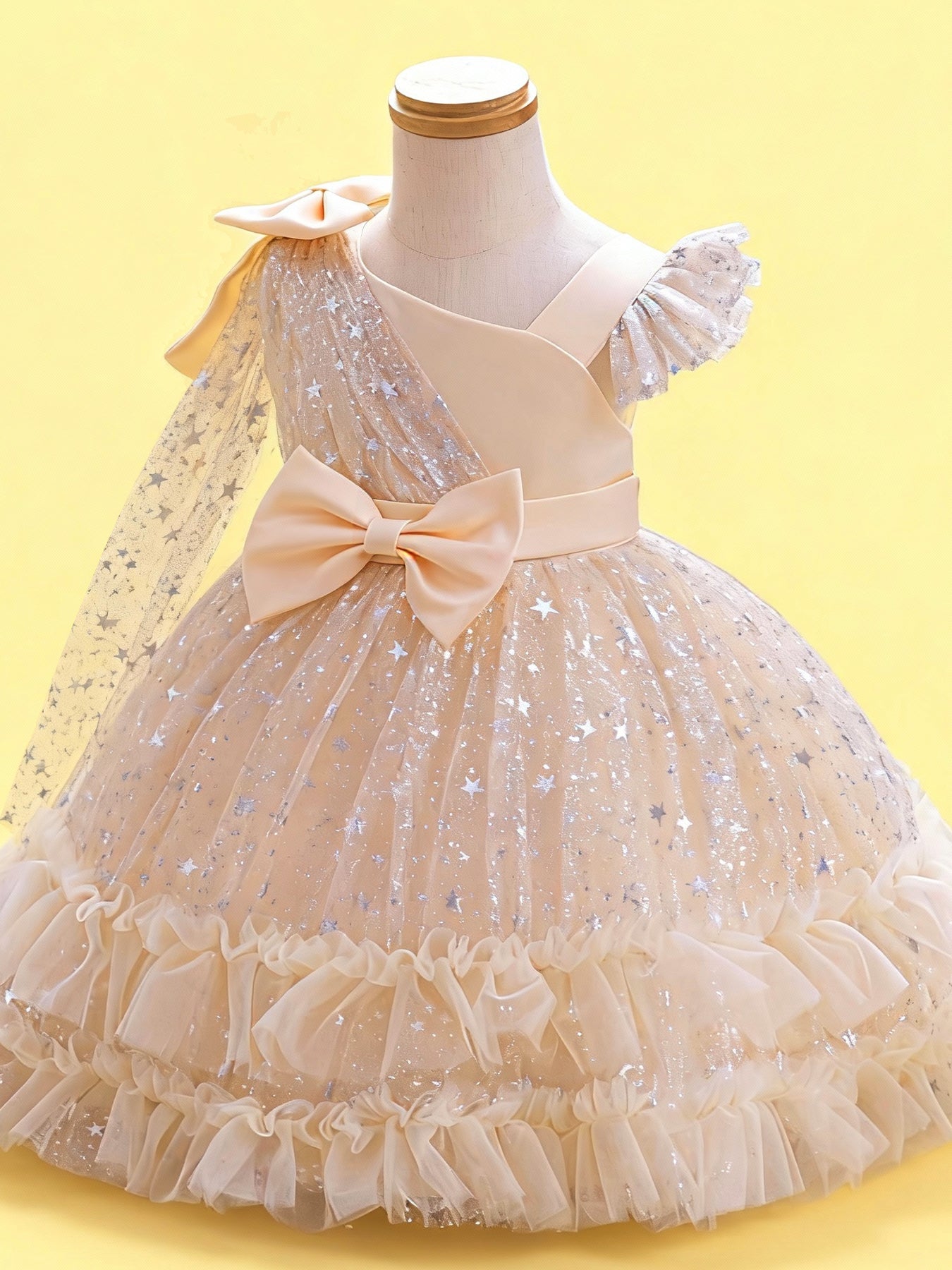 Zvzio Girls Asymmetric Cape & Flutter Sleeve Princess Dress | Left Shoulder Cape with Bow Right Flutter Sleeve Star Print Tulle Double-Layer Ruffle Hem Flower Girl Dress Party Gown - Ages 2-7, Multiple Colors