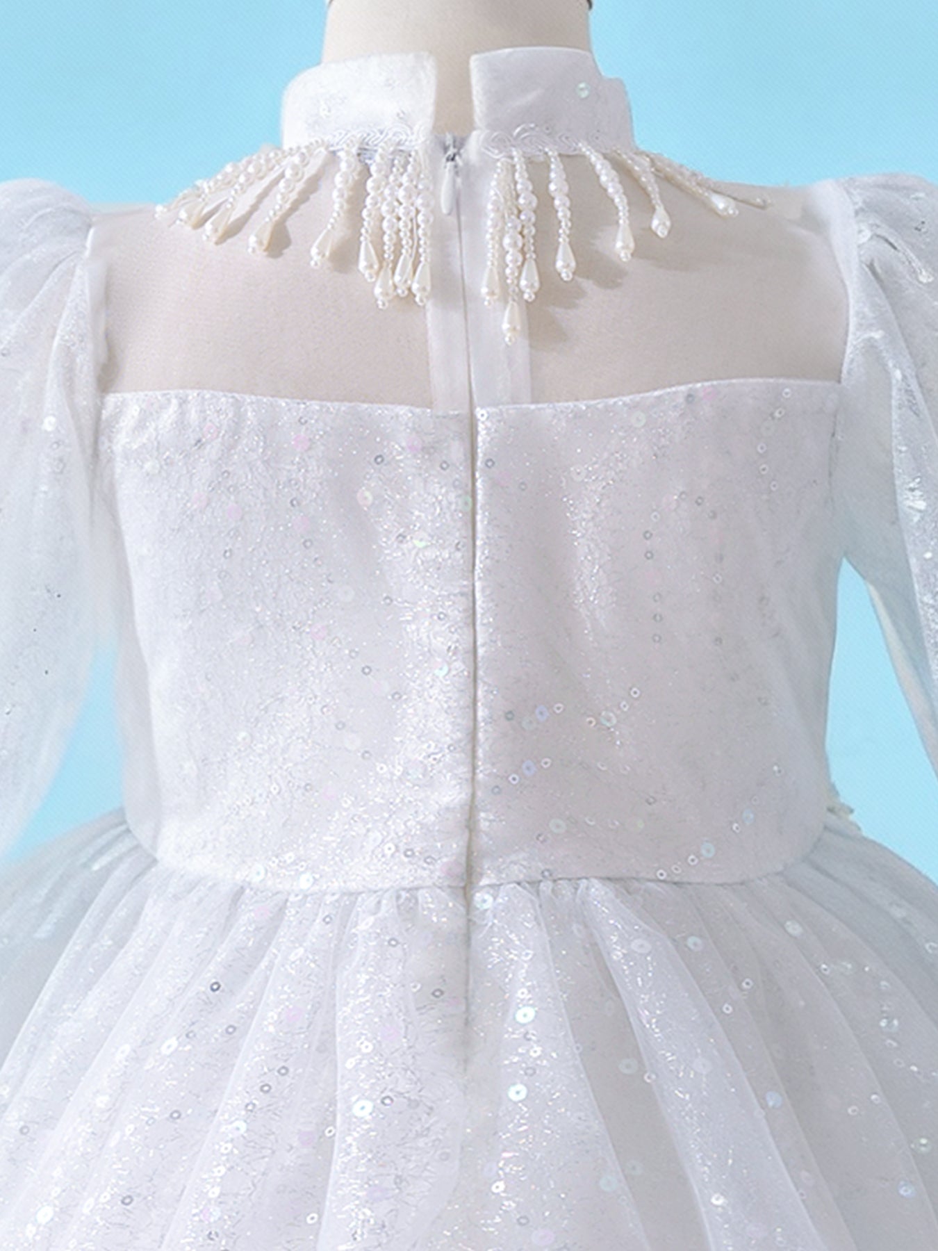 Zvzio Princess Flower Girl Dress 4-9 Years - Sparkling Embroidered Long Sleeve Gown for Wedding, Birthday Party | Champagne & White