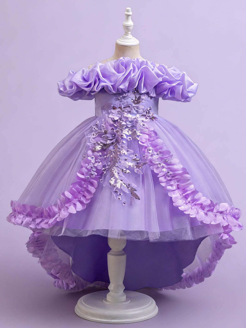 Zvzio Girls Cloud Collar Embroidered Train Princess Dress | Front Yoke Cloud Design 3D Floral Pearl Embroidery Wrap-Around Leaf Lace Long Train Flower Girl Dress - Ages 4-9, Multiple Colors