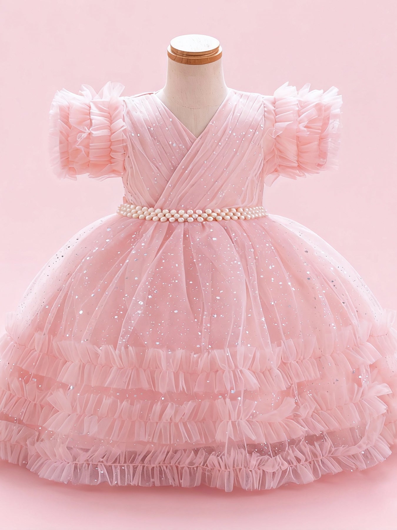 Zvzio Girls Y-Cross Ruffle Trim Train Princess Dress | Pearl Waist Chain Silver Dot Tulle Triple-Layer Ruffle Sleeves & Skirt Flower Girl Dress Party Set - Ages 3-8, Multiple Colors