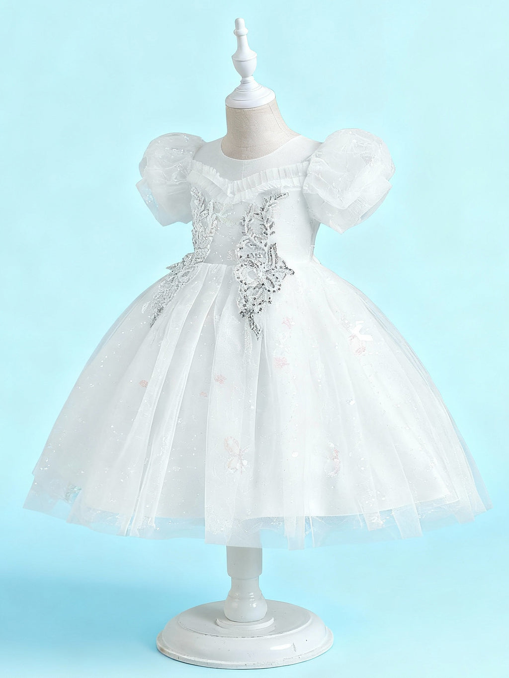 Zvzio Girls Princess Party Dress - Floral Embroidery Bodice, Sparkle Tulle Skirt & Puff Sleeves, Flower Girl/Pageant A-line Short Dress