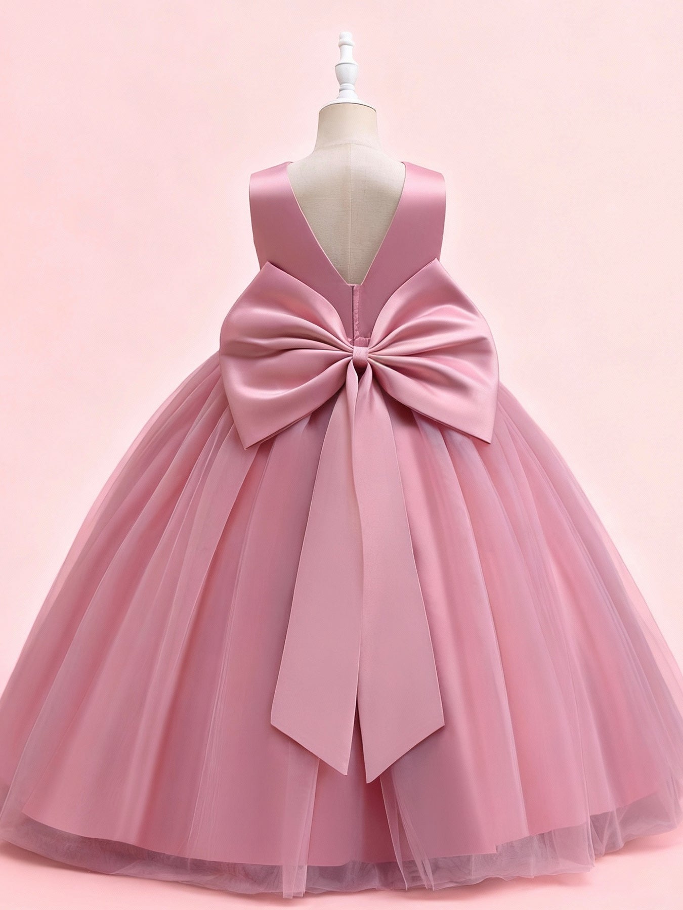 Zvzio Girls V-Neck V-Back Removable Bow Princess Dress | Double V Design Draping Tulle Long Dress Elegant Flower Girl Dress Set - Ages 4-9, Multiple Colors
