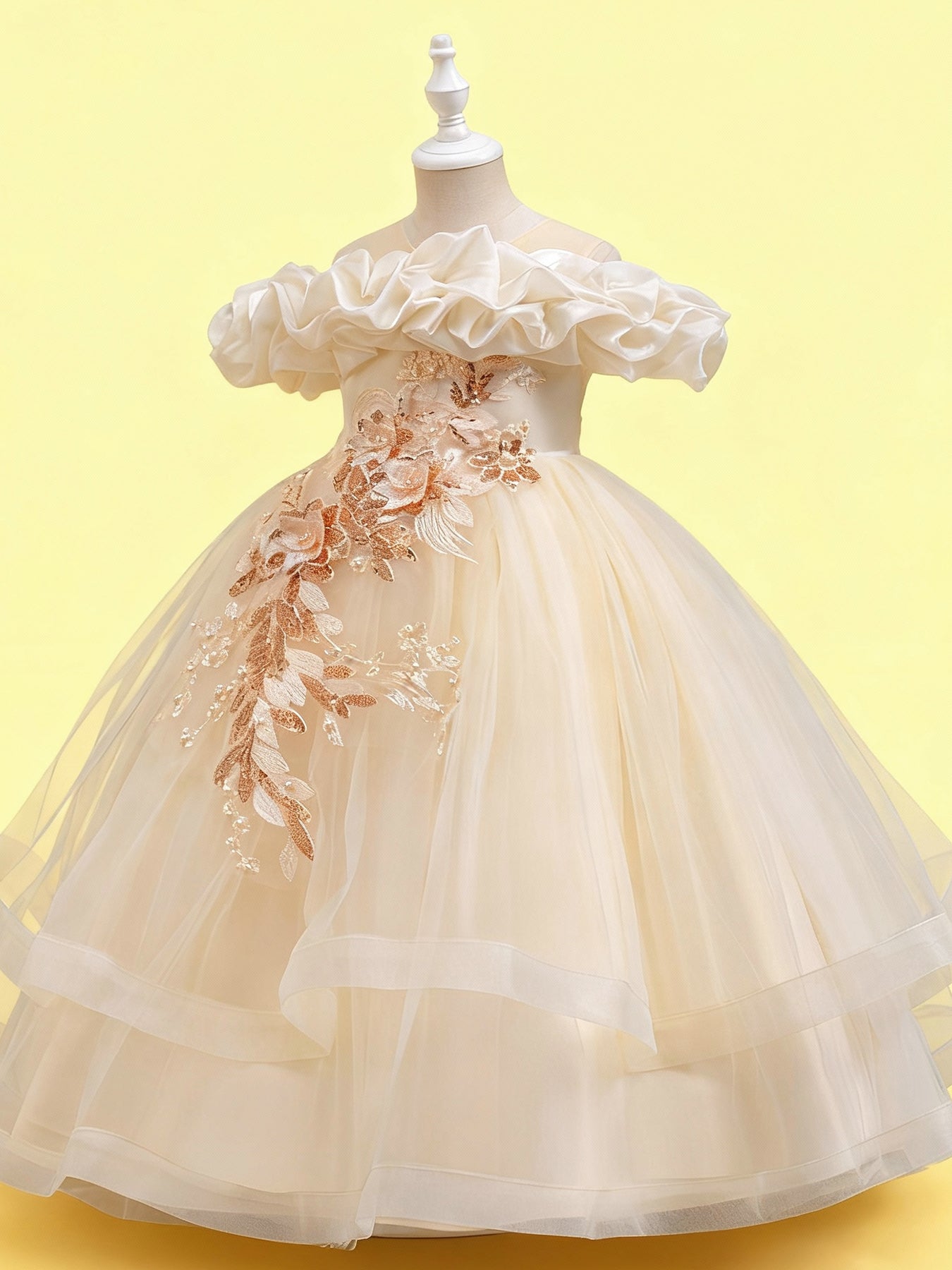 Zvzio Girls Cloud Shoulder Embroidered Long Princess Dress | Front Yoke Cloud Design Pearl Embroidery Panel Double-Layer Draping Tulle Flower Girl Dress Party Set - Ages 4-9, Multiple Colors