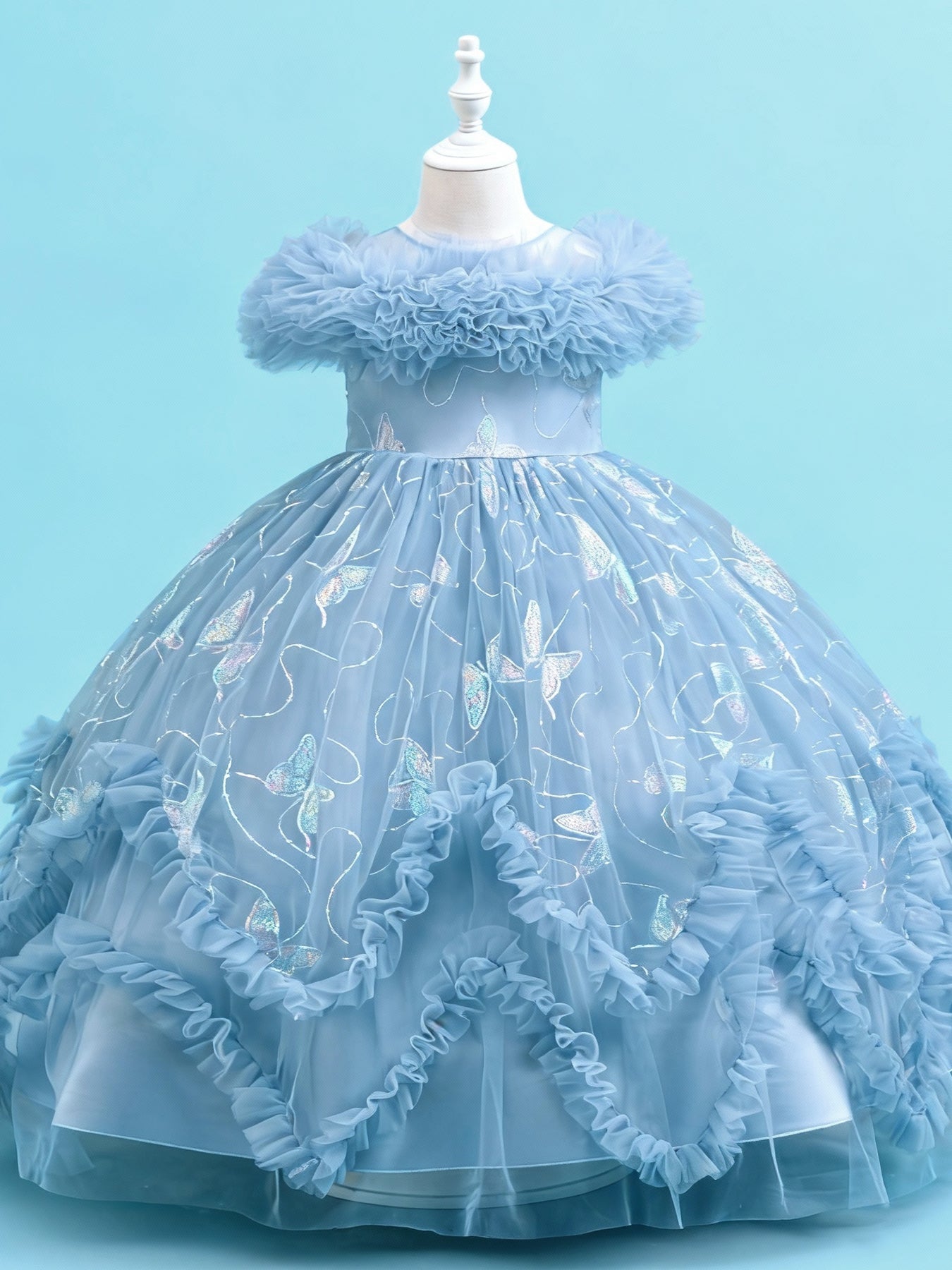 Zvzio Girls Gilded Butterfly Tulle Princess Dress | Reflective Butterfly Fabric Multi-Layer Cross Ruffle Collar 3D W-Shaped Hem Mid-Length Flower Girl Dress Set - Ages 4-9, Multiple Colors