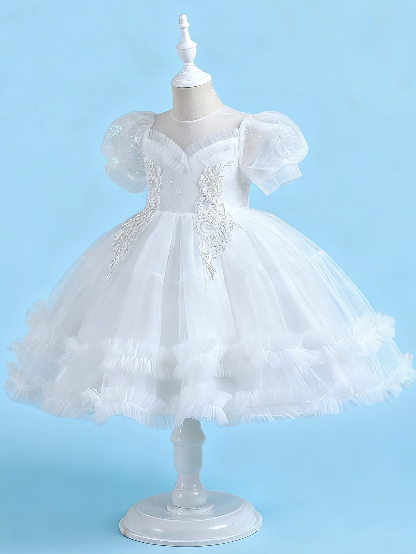 Zvzio Girls Princess Party Dress & Flower Girl Dress - Floral Embroidery Chest, Sparkle Tulle Skirt, Bubble Sleeves, Double Ruffle Hem, Champagne Pink White, Short Sleeve A-Line for Age 4-9