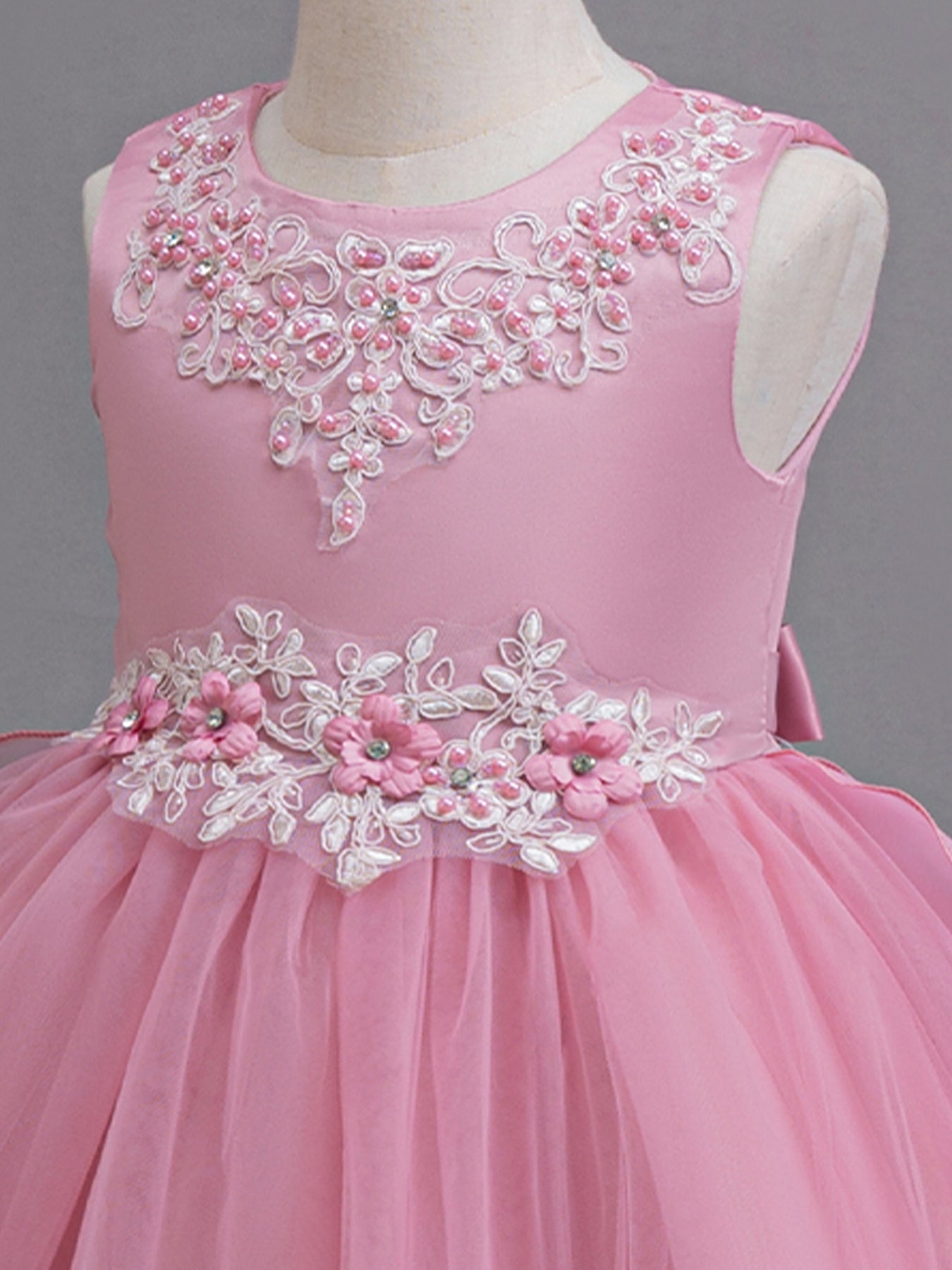 Zvzio Girls Embroidered Pearl Train Princess Dress | Neckline & Waist Exquisite Embroidery Wave Side Hem Back Three-Tier Cake Skirt Asymmetric Hem Flower Girl Dress - Ages 4-9, Multiple Colors