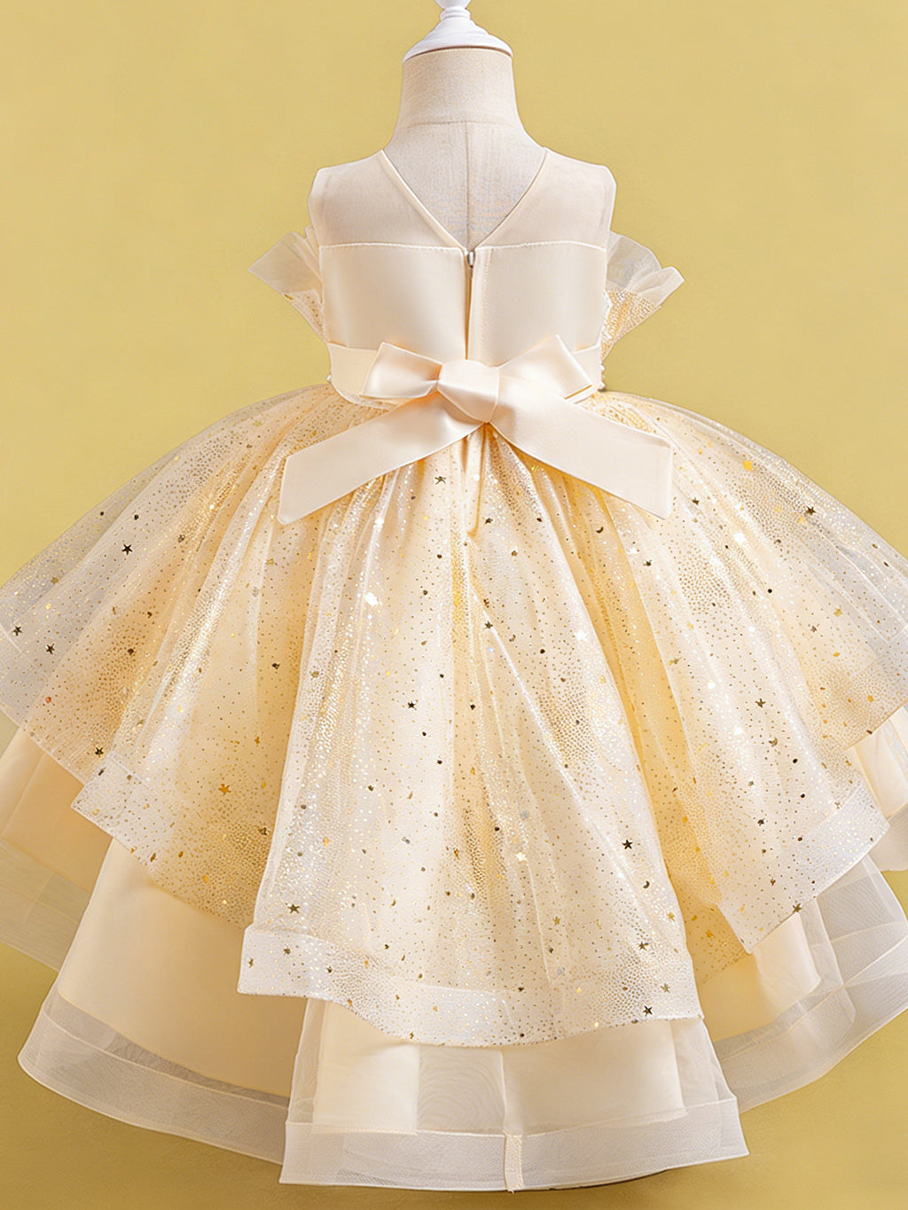 Zvzio Girls Asymmetric Train Princess Dress | Gold Star Tulle Shell Neckline Bustier Waist Diamond Chain Double-Layer Skirt Flower Girl Dress Set - Ages 4-9