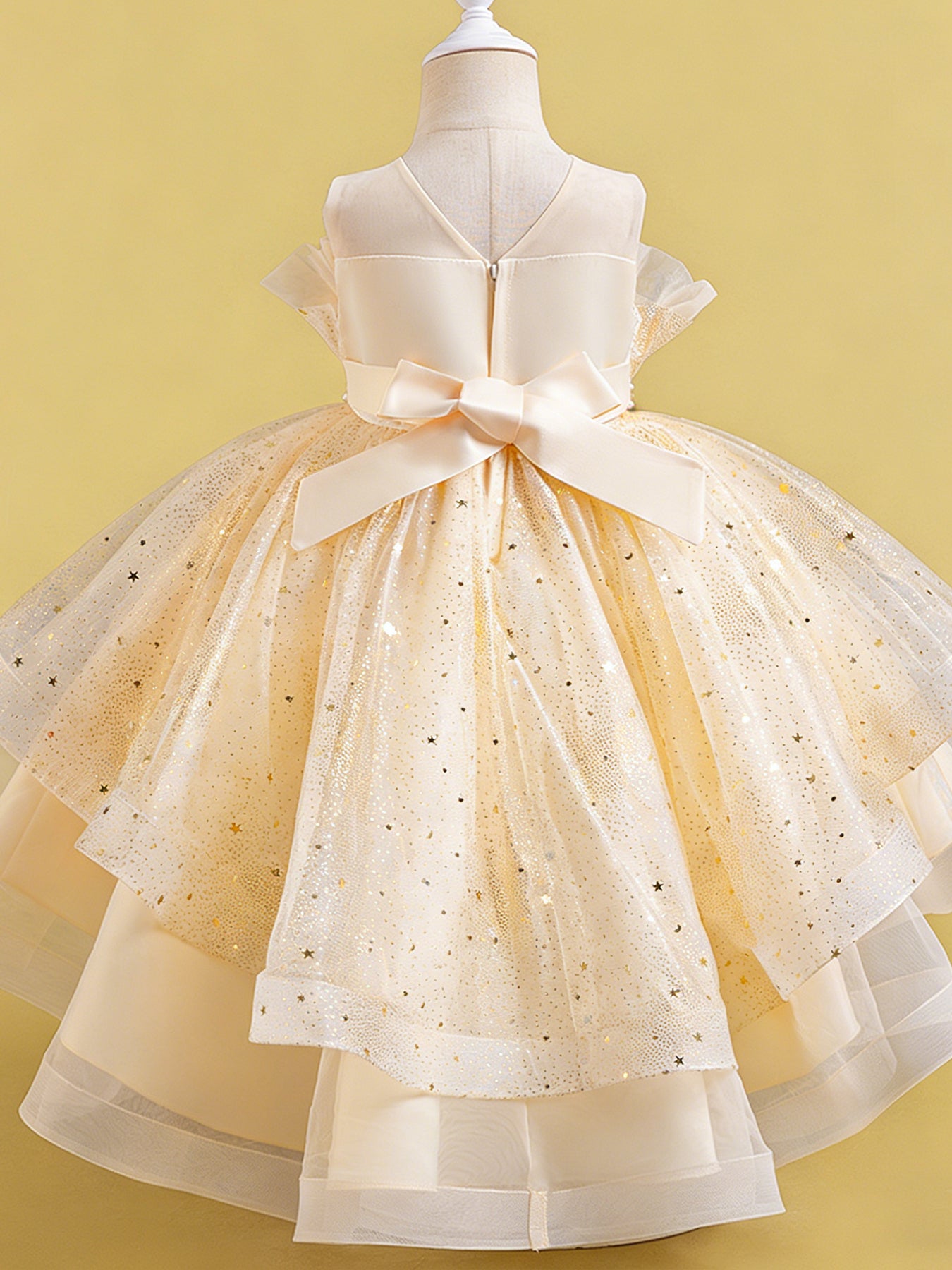 Zvzio Girls Asymmetric Train Princess Dress | Gold Star Tulle Shell Neckline Bustier Waist Diamond Chain Double-Layer Skirt Flower Girl Dress Set - Ages 4-9