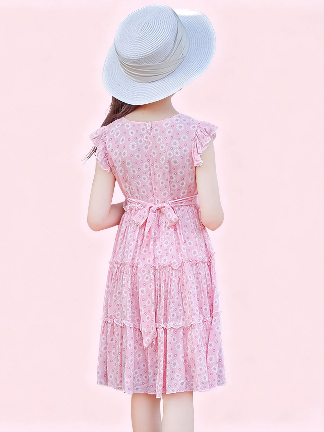 Zvzio Girls Floral Print Ruffle Trim Casual Dress | Flutter Sleeves Three-Tier Hem Lightweight Breathable A-Line Dress - Ages 2-7, Light Blue / Pink