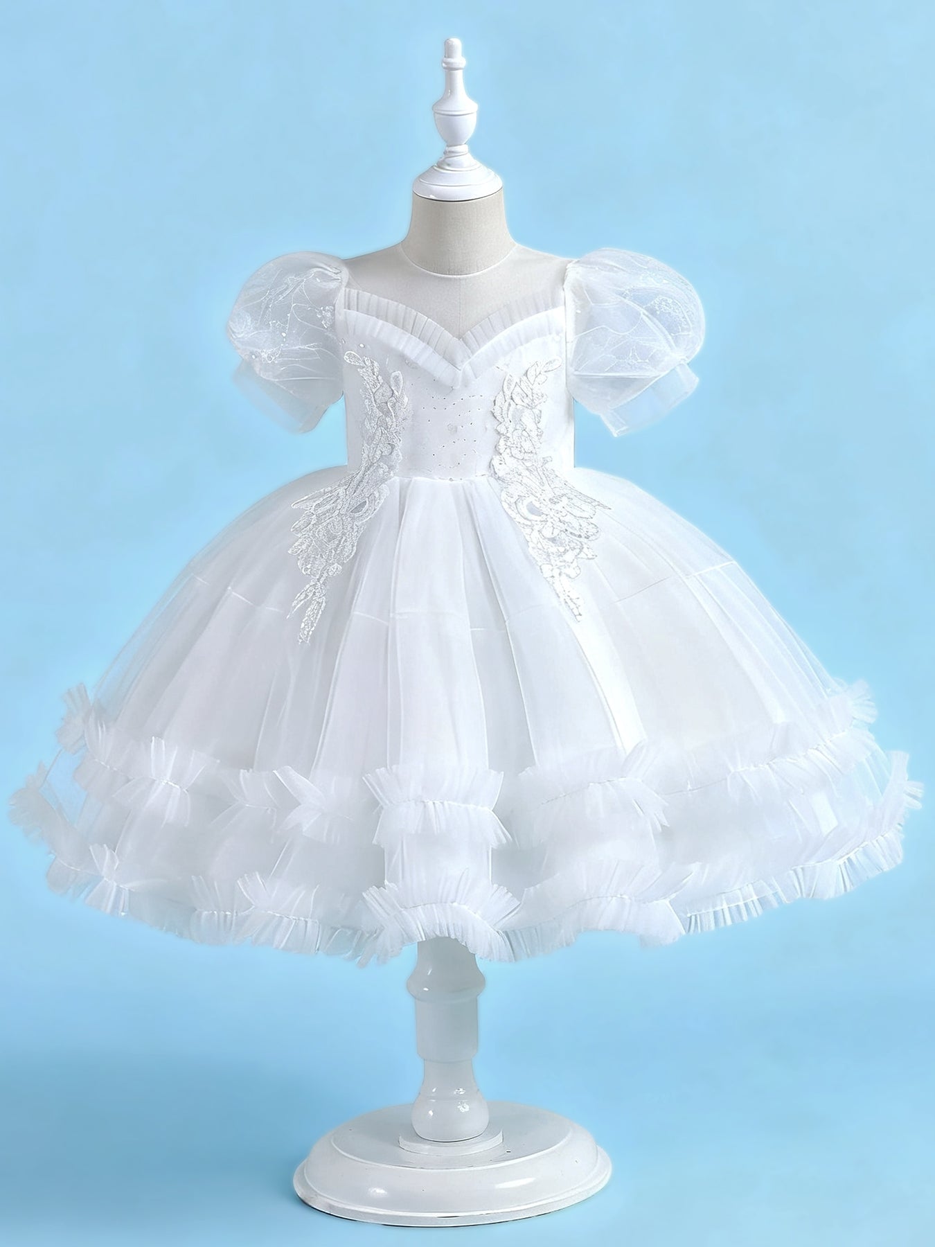 Zvzio Girls Princess Party Dress & Flower Girl Dress - Floral Embroidery Chest, Sparkle Tulle Skirt, Bubble Sleeves, Double Ruffle Hem, Champagne Pink White, Short Sleeve A-Line for Age 4-9