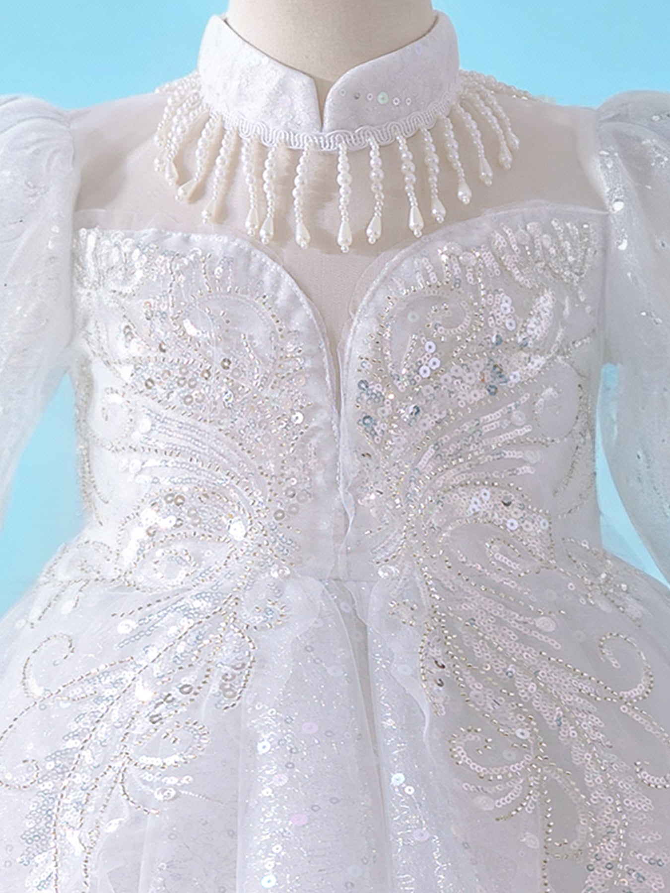 Zvzio Princess Flower Girl Dress 4-9 Years - Sparkling Embroidered Long Sleeve Gown for Wedding, Birthday Party | Champagne & White