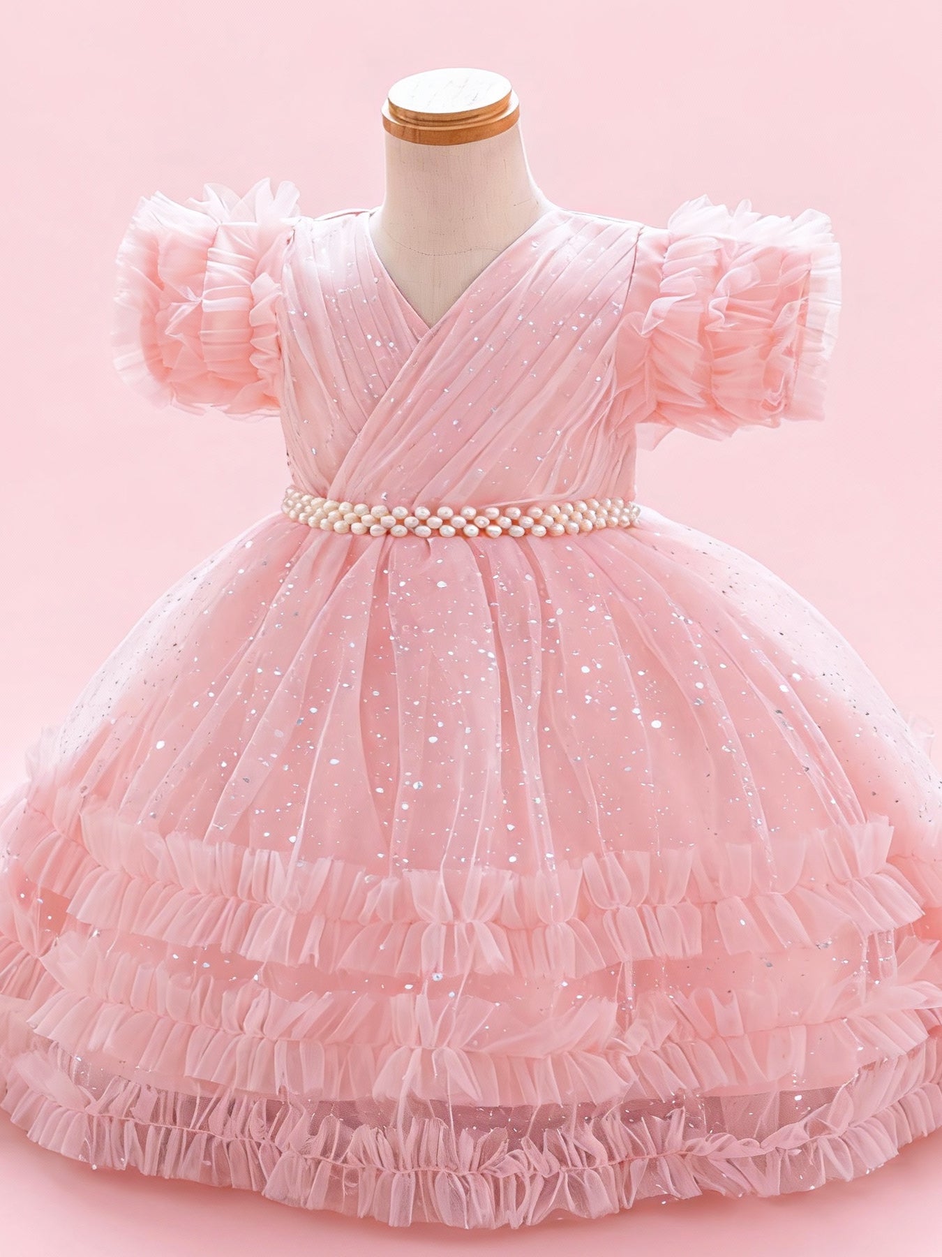 Zvzio Girls Y-Cross Ruffle Trim Train Princess Dress | Pearl Waist Chain Silver Dot Tulle Triple-Layer Ruffle Sleeves & Skirt Flower Girl Dress Party Set - Ages 3-8, Multiple Colors