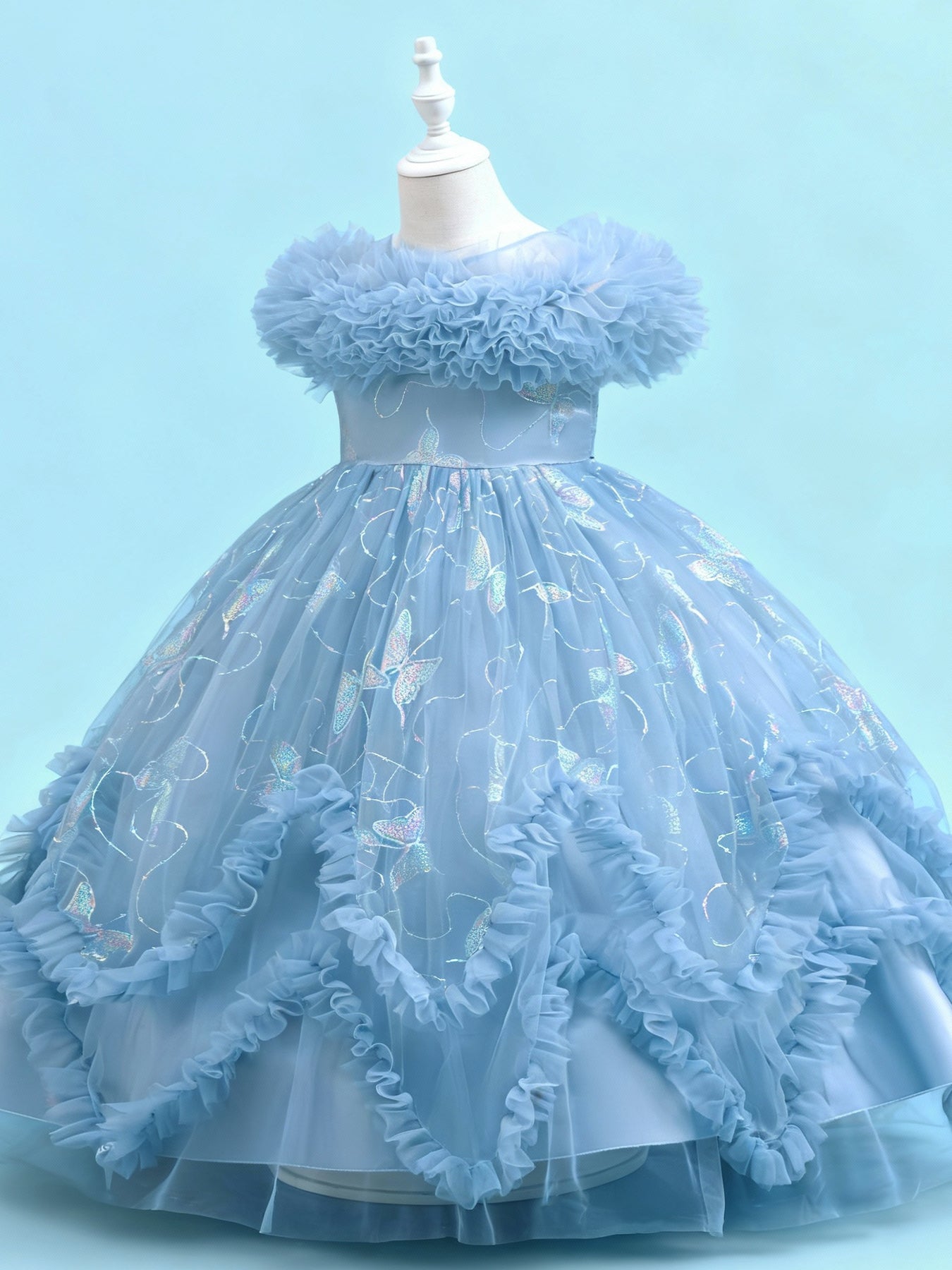 Zvzio Girls Gilded Butterfly Tulle Princess Dress | Reflective Butterfly Fabric Multi-Layer Cross Ruffle Collar 3D W-Shaped Hem Mid-Length Flower Girl Dress Set - Ages 4-9, Multiple Colors