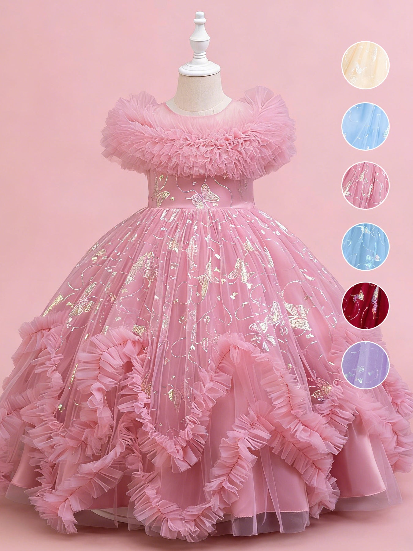 Zvzio Girls Gilded Butterfly Tulle Princess Dress | Reflective Butterfly Fabric Multi-Layer Cross Ruffle Collar 3D W-Shaped Hem Mid-Length Flower Girl Dress Set - Ages 4-9, Multiple Colors