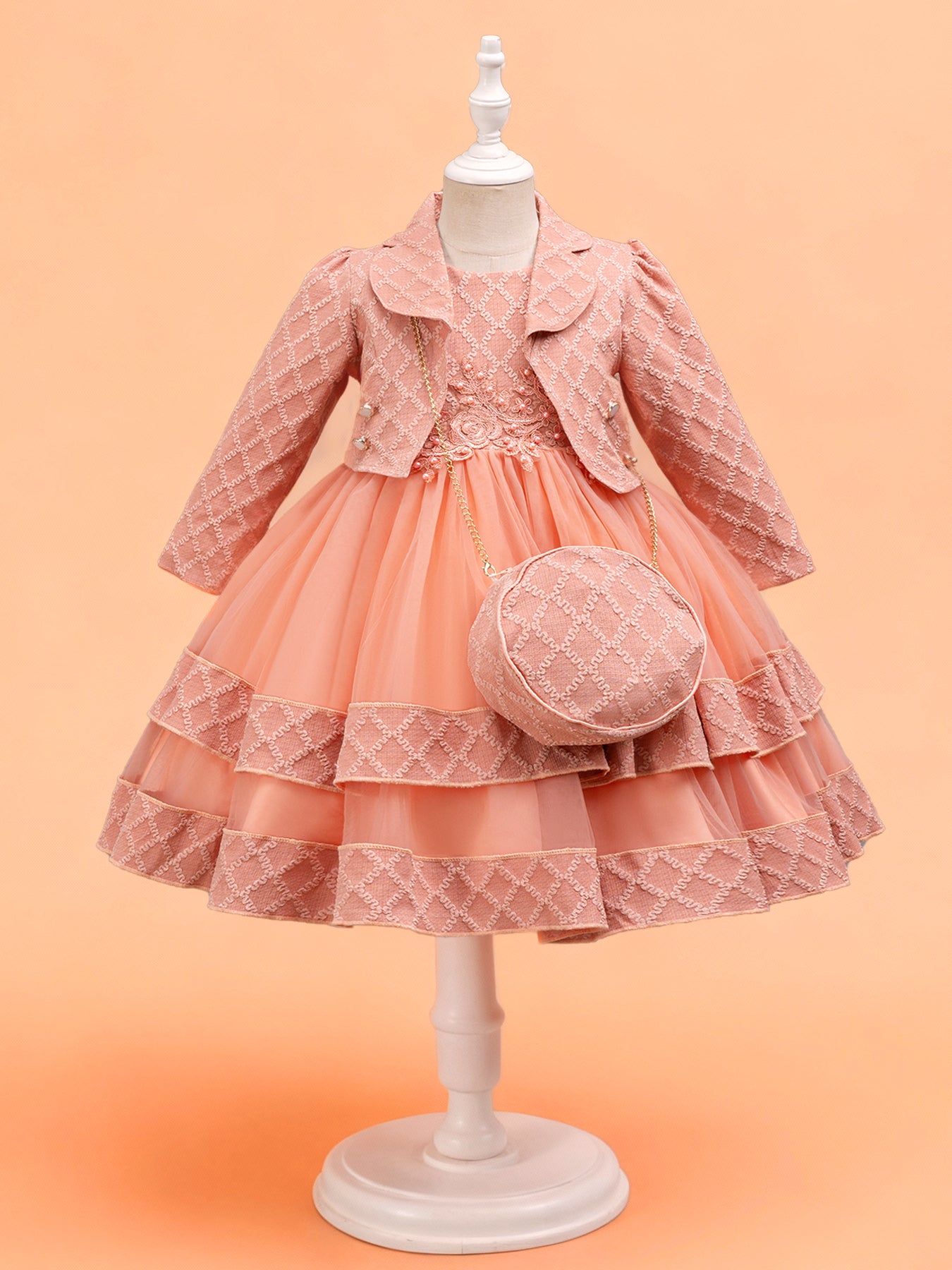 Zvzio Girls Embroidered Pearl Vest Dress Set | With Matching Handbag Double-Layer Skirt Textured Fabric Long Sleeve Coat Flower Girl Dress Party Set - Ages 4-9, Multiple Colors