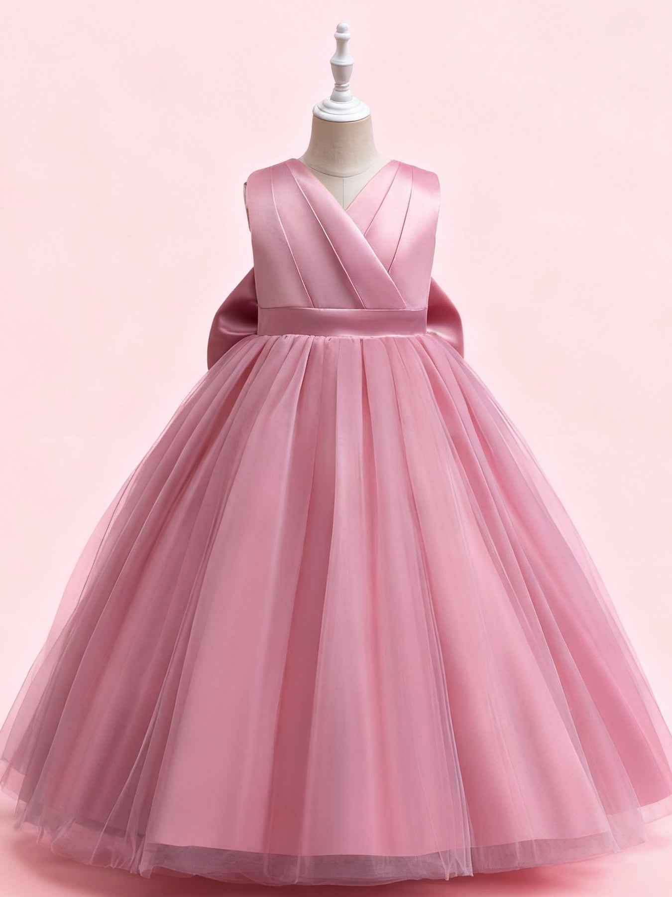 Zvzio Girls V-Neck V-Back Removable Bow Princess Dress | Double V Design Draping Tulle Long Dress Elegant Flower Girl Dress Set - Ages 4-9, Multiple Colors