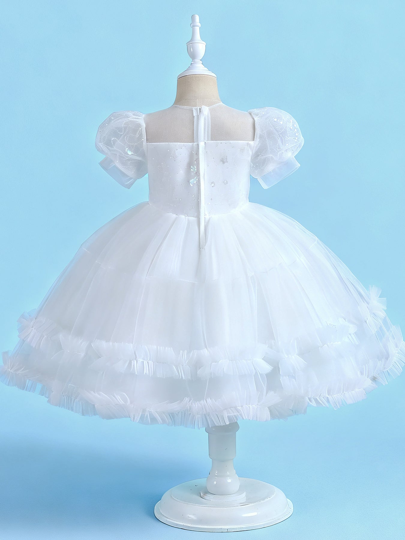 Zvzio Girls Princess Party Dress & Flower Girl Dress - Floral Embroidery Chest, Sparkle Tulle Skirt, Bubble Sleeves, Double Ruffle Hem, Champagne Pink White, Short Sleeve A-Line for Age 4-9