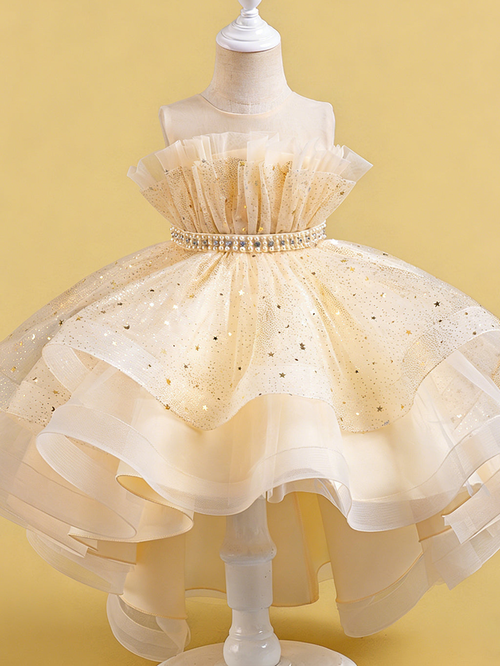 Zvzio Girls Asymmetric Train Princess Dress | Gold Star Tulle Shell Neckline Bustier Waist Diamond Chain Double-Layer Skirt Flower Girl Dress Set - Ages 4-9