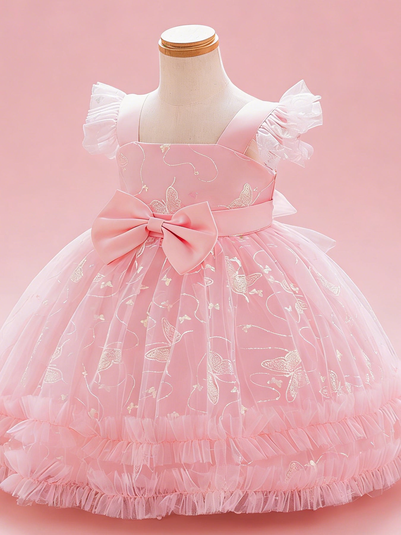 Zvzio Girls Gilded Butterfly Flutter Sleeve Princess Dress | Reflective Butterfly Tulle Midsection Large Bow Double-Layer Ruffle Hem Knee-Length A-Line Flower Girl Dress - Ages 2-7, Multiple Colors