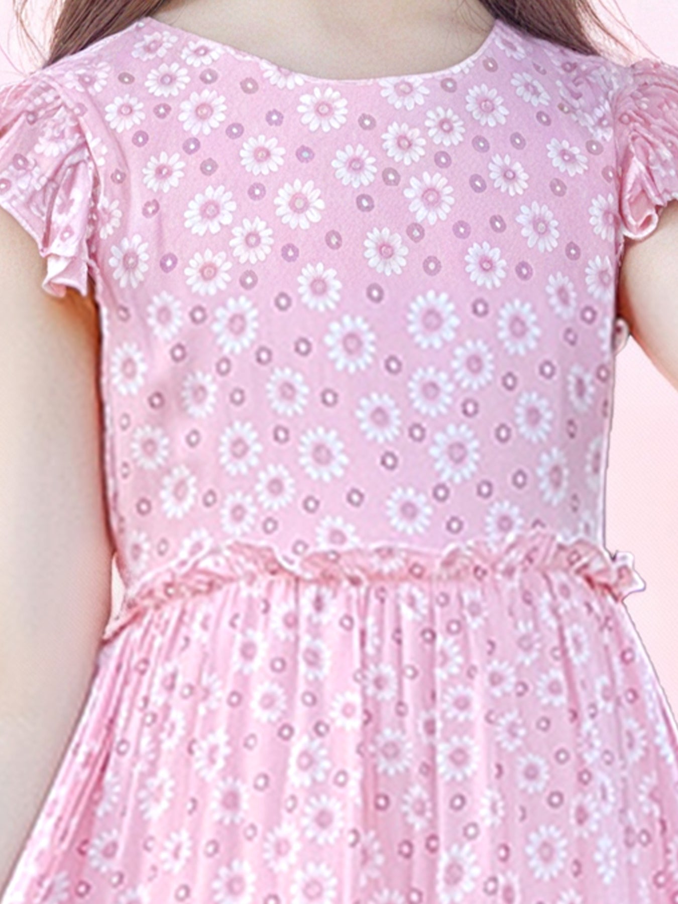 Zvzio Girls Floral Print Ruffle Trim Casual Dress | Flutter Sleeves Three-Tier Hem Lightweight Breathable A-Line Dress - Ages 2-7, Light Blue / Pink