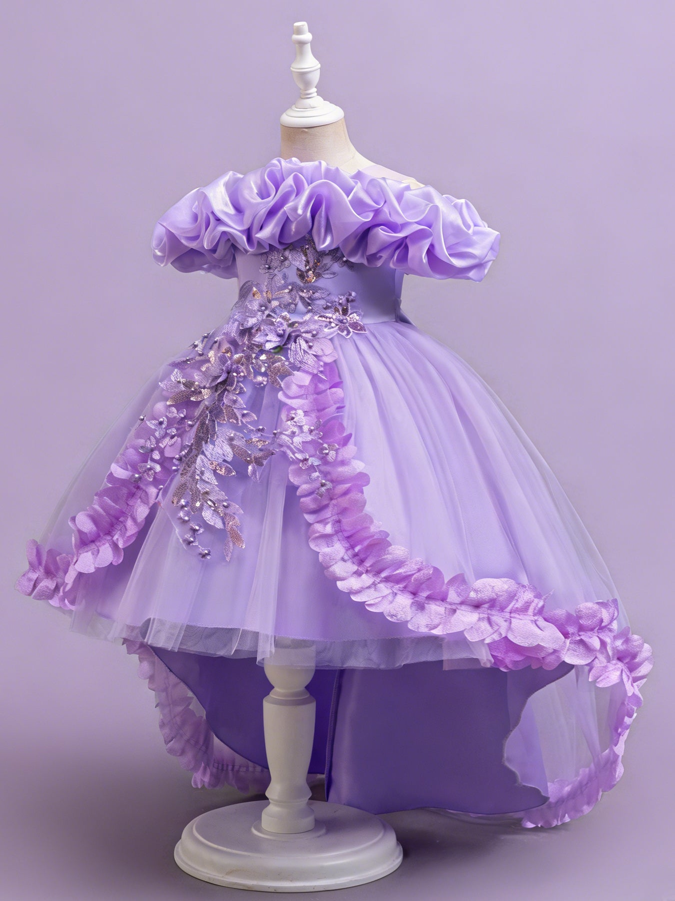 Zvzio Girls Cloud Collar Embroidered Train Princess Dress | Front Yoke Cloud Design 3D Floral Pearl Embroidery Wrap-Around Leaf Lace Long Train Flower Girl Dress - Ages 4-9, Multiple Colors