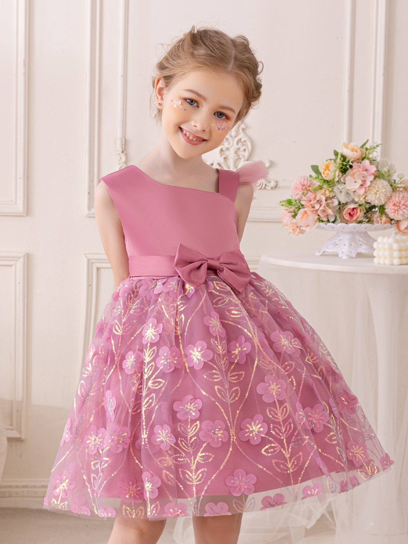Toddler Princess Dress Flutter Sleeve Slant Neck Dress | Floral Sequined Tulle Tutu with Waist Bow for Special Occasions