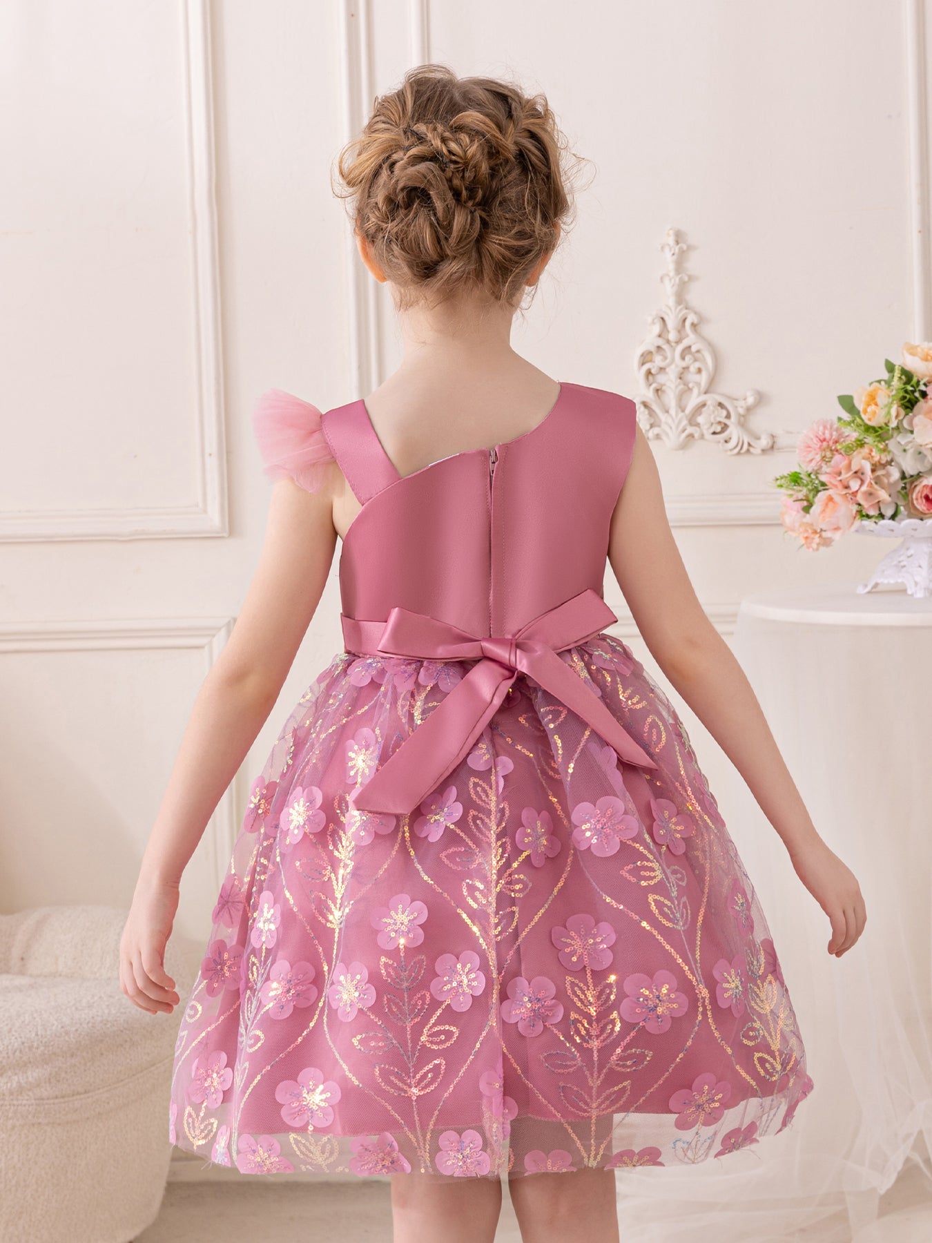 Toddler Princess Dress Flutter Sleeve Slant Neck Dress | Floral Sequined Tulle Tutu with Waist Bow for Special Occasions