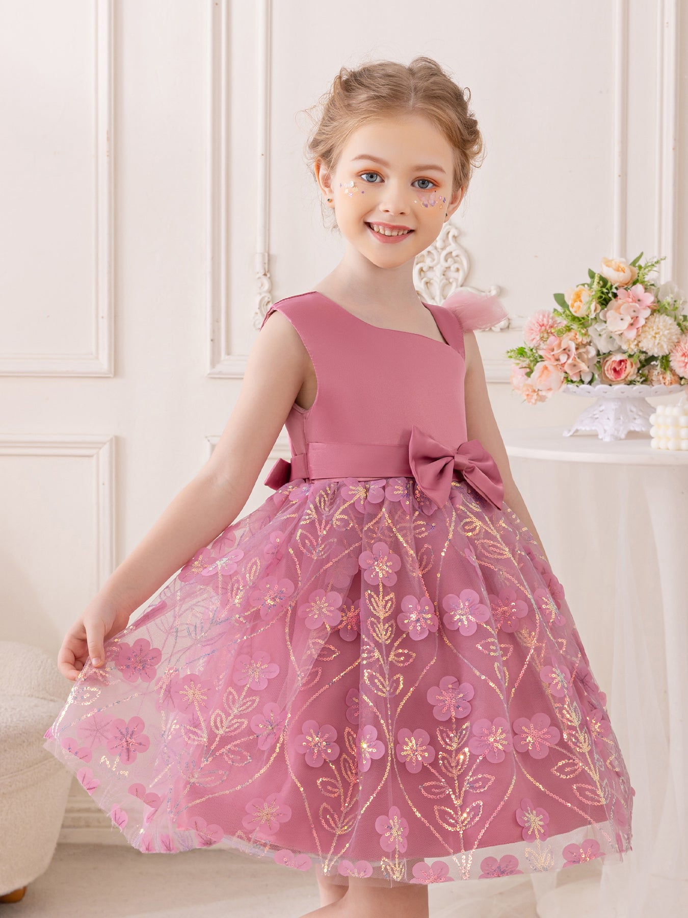 Toddler Princess Dress Flutter Sleeve Slant Neck Dress | Floral Sequined Tulle Tutu with Waist Bow for Special Occasions