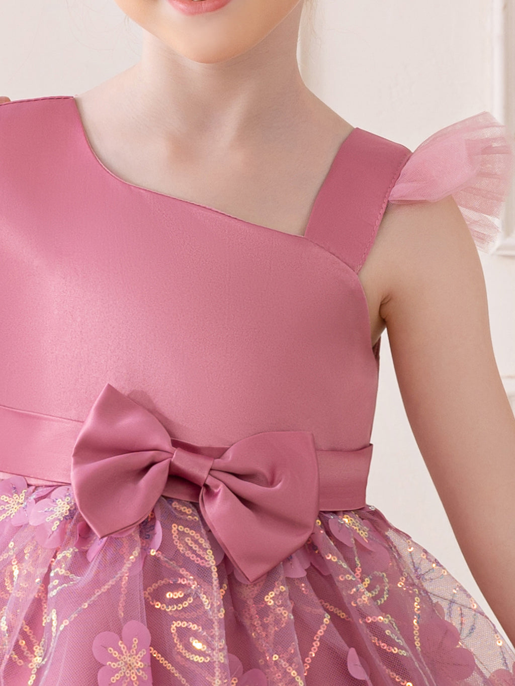 Toddler Princess Dress Flutter Sleeve Slant Neck Dress | Floral Sequined Tulle Tutu with Waist Bow for Special Occasions