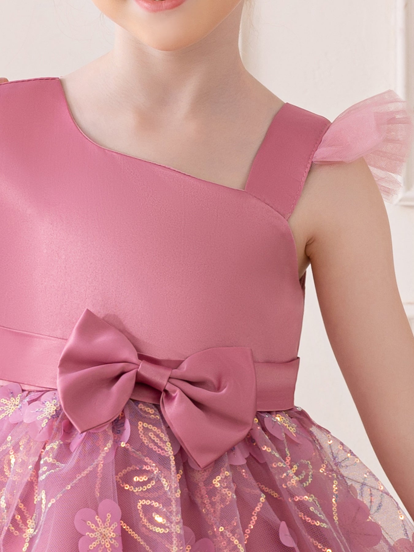 Toddler Princess Dress Flutter Sleeve Slant Neck Dress | Floral Sequined Tulle Tutu with Waist Bow for Special Occasions