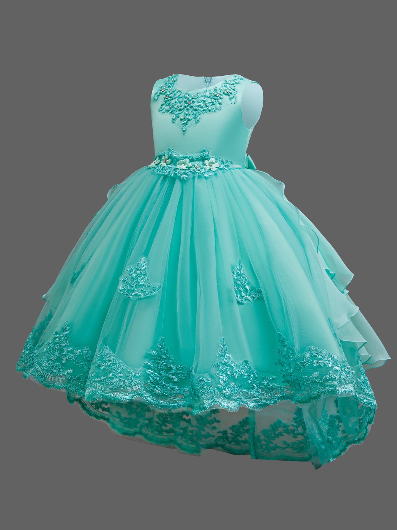 Zvzio Girls Embroidered Pearl Train Princess Dress | Neckline & Waist Exquisite Embroidery Wave Side Hem Back Three-Tier Cake Skirt Asymmetric Hem Flower Girl Dress - Ages 4-9, Multiple Colors