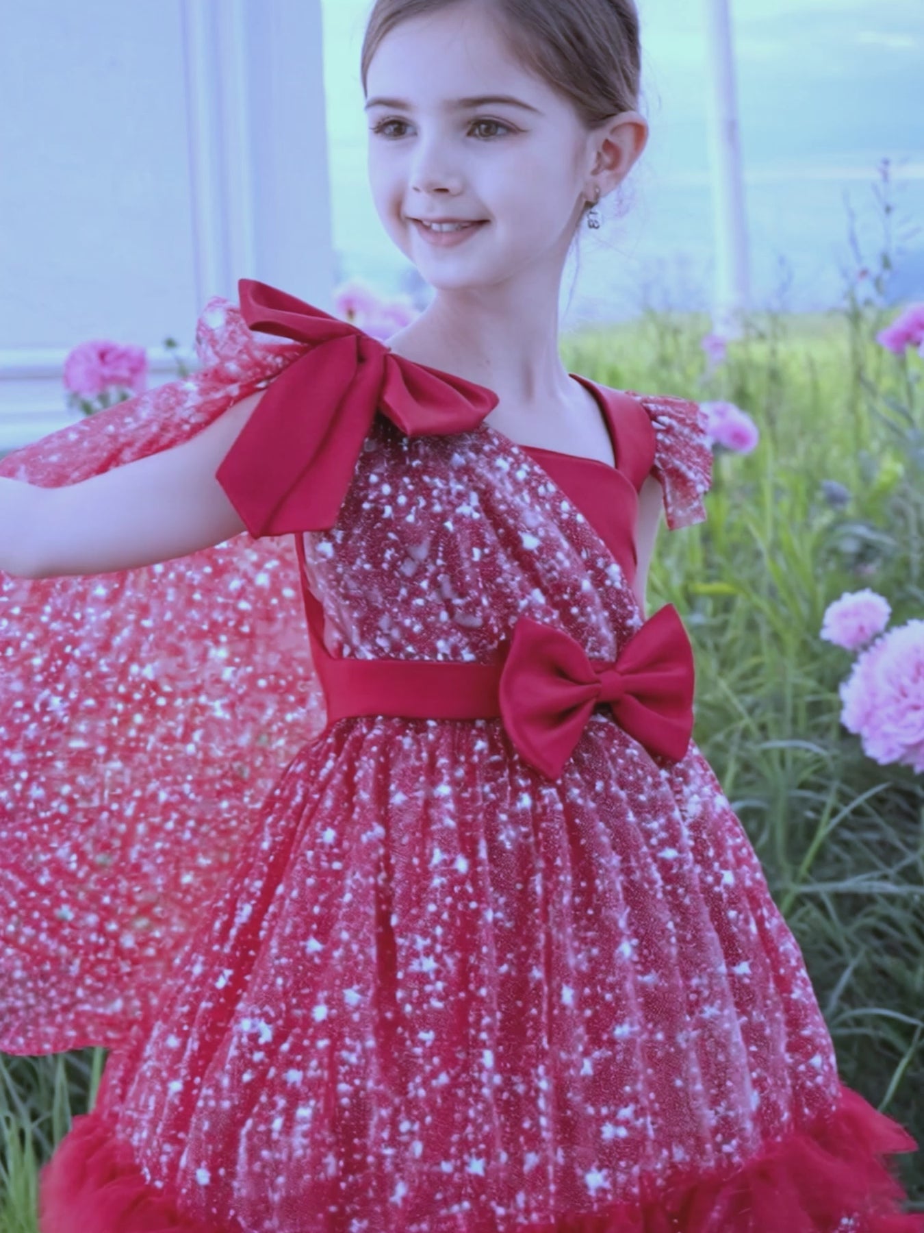 Zvzio Girls Asymmetric Cape & Flutter Sleeve Princess Dress | Left Shoulder Cape with Bow Right Flutter Sleeve Star Print Tulle Double-Layer Ruffle Hem Flower Girl Dress Party Gown - Ages 2-7, Multiple Colors