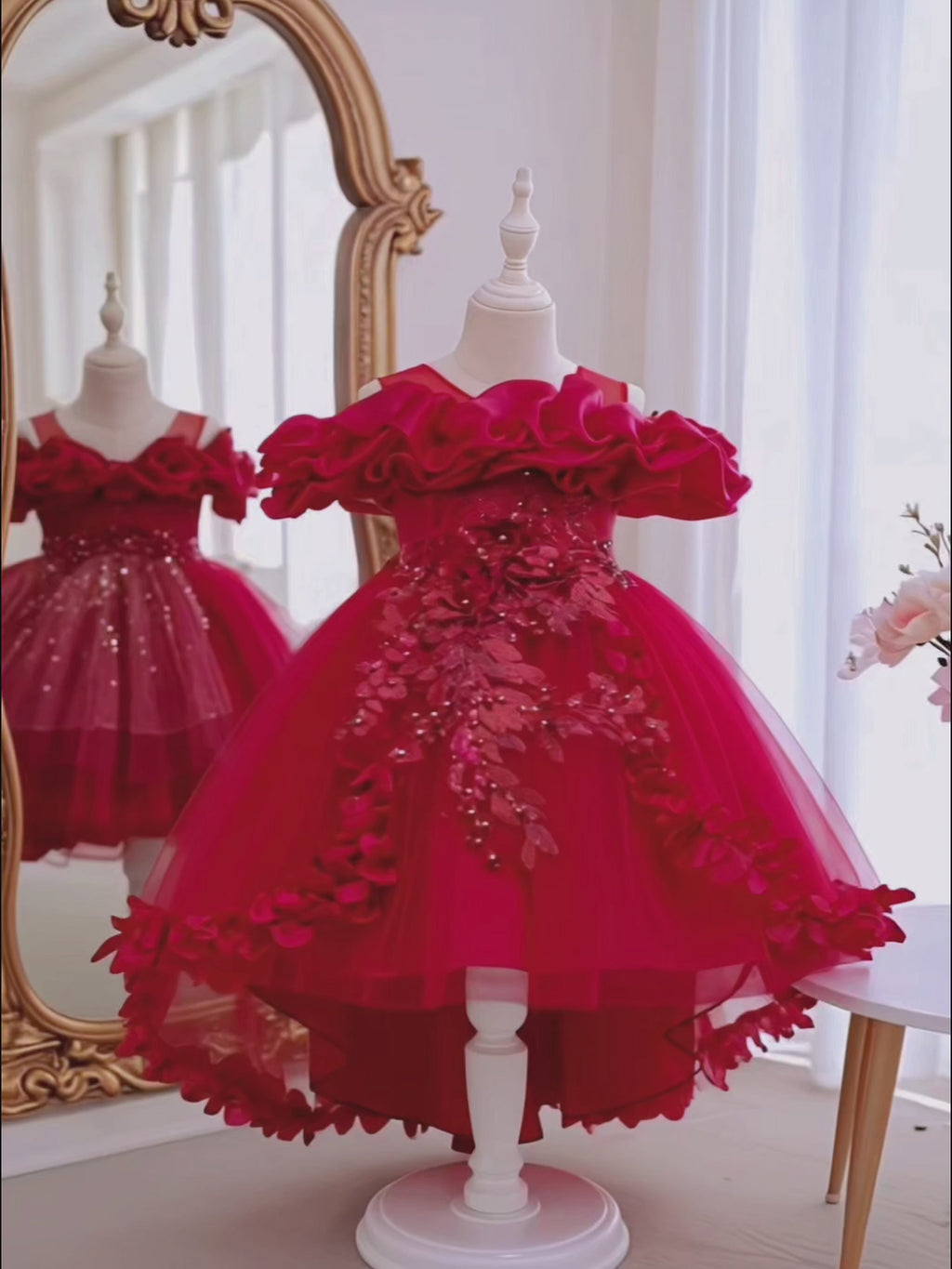 Zvzio Girls Cloud Collar Embroidered Train Princess Dress | Front Yoke Cloud Design 3D Floral Pearl Embroidery Wrap-Around Leaf Lace Long Train Flower Girl Dress - Ages 4-9, Multiple Colors