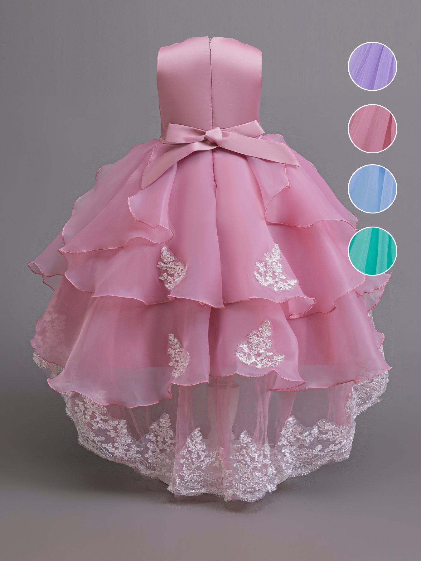 Zvzio Girls Embroidered Pearl Train Princess Dress | Neckline & Waist Exquisite Embroidery Wave Side Hem Back Three-Tier Cake Skirt Asymmetric Hem Flower Girl Dress - Ages 4-9, Multiple Colors
