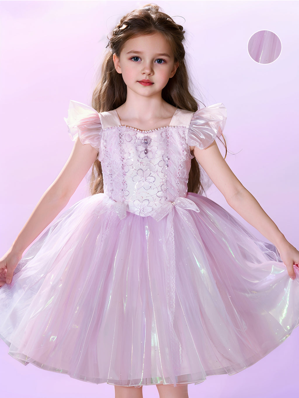 Zvzio Girls Purple Princess Dress | Reflective Tulle Short A-Line Flower Girl Dress Party Ballet Dress - Flutter Sleeves Lace Bow & Gem Decor for Ages 4-9