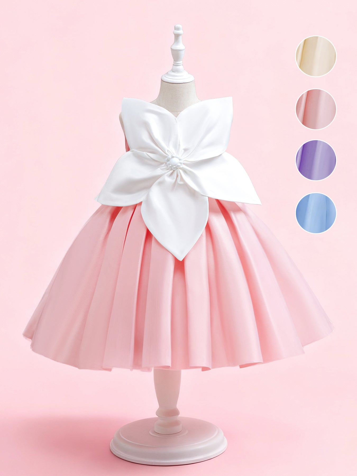 Zvzio Girls 3D Floral Satin Princess Dress | Color Block Design Pleated Hem Lightweight Mid-Length Flower Girl Dress Party Gown - Ages 2-7, Multiple Colors