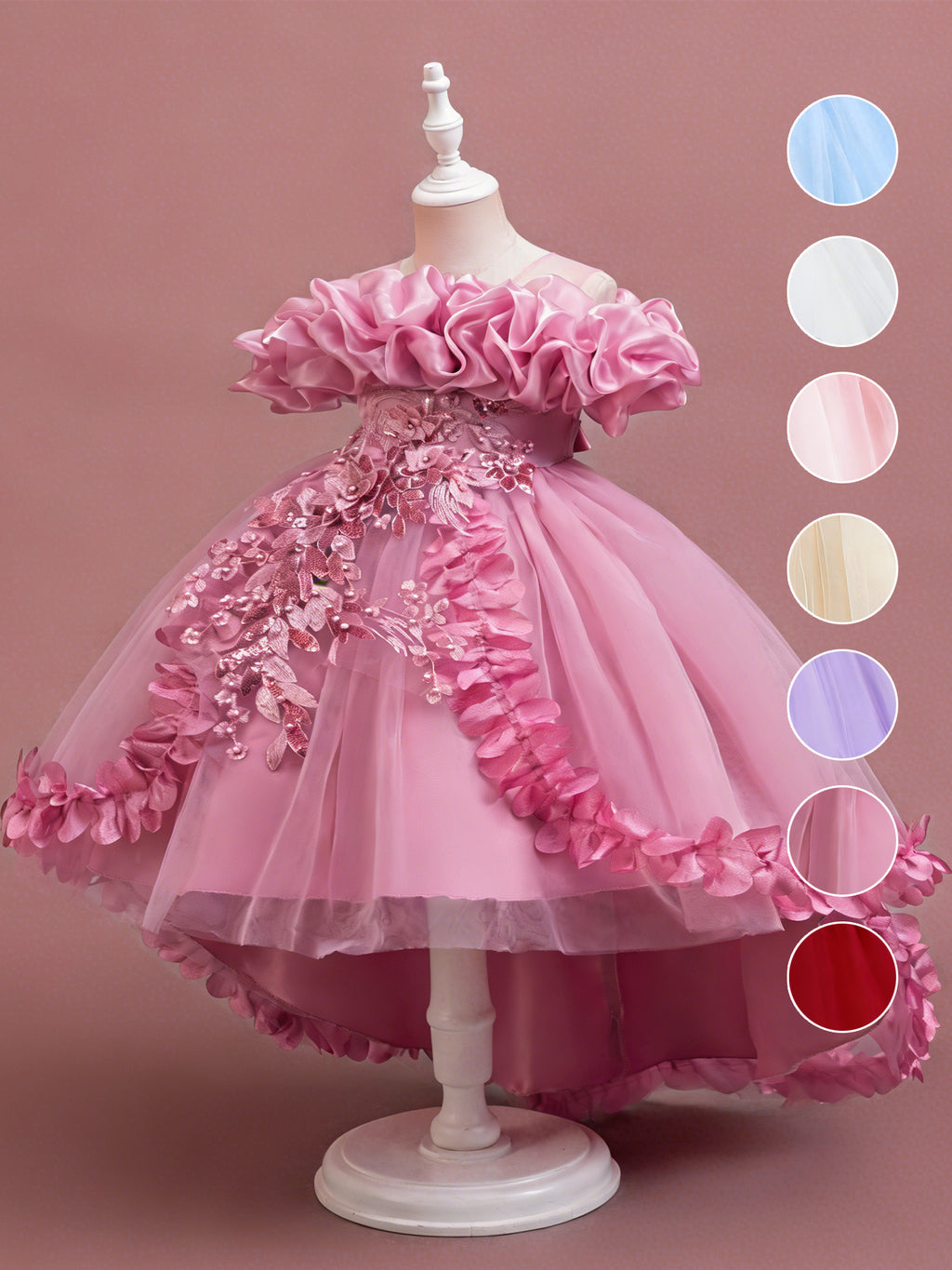 Zvzio Girls Cloud Collar Embroidered Train Princess Dress | Front Yoke Cloud Design 3D Floral Pearl Embroidery Wrap-Around Leaf Lace Long Train Flower Girl Dress - Ages 4-9, Multiple Colors