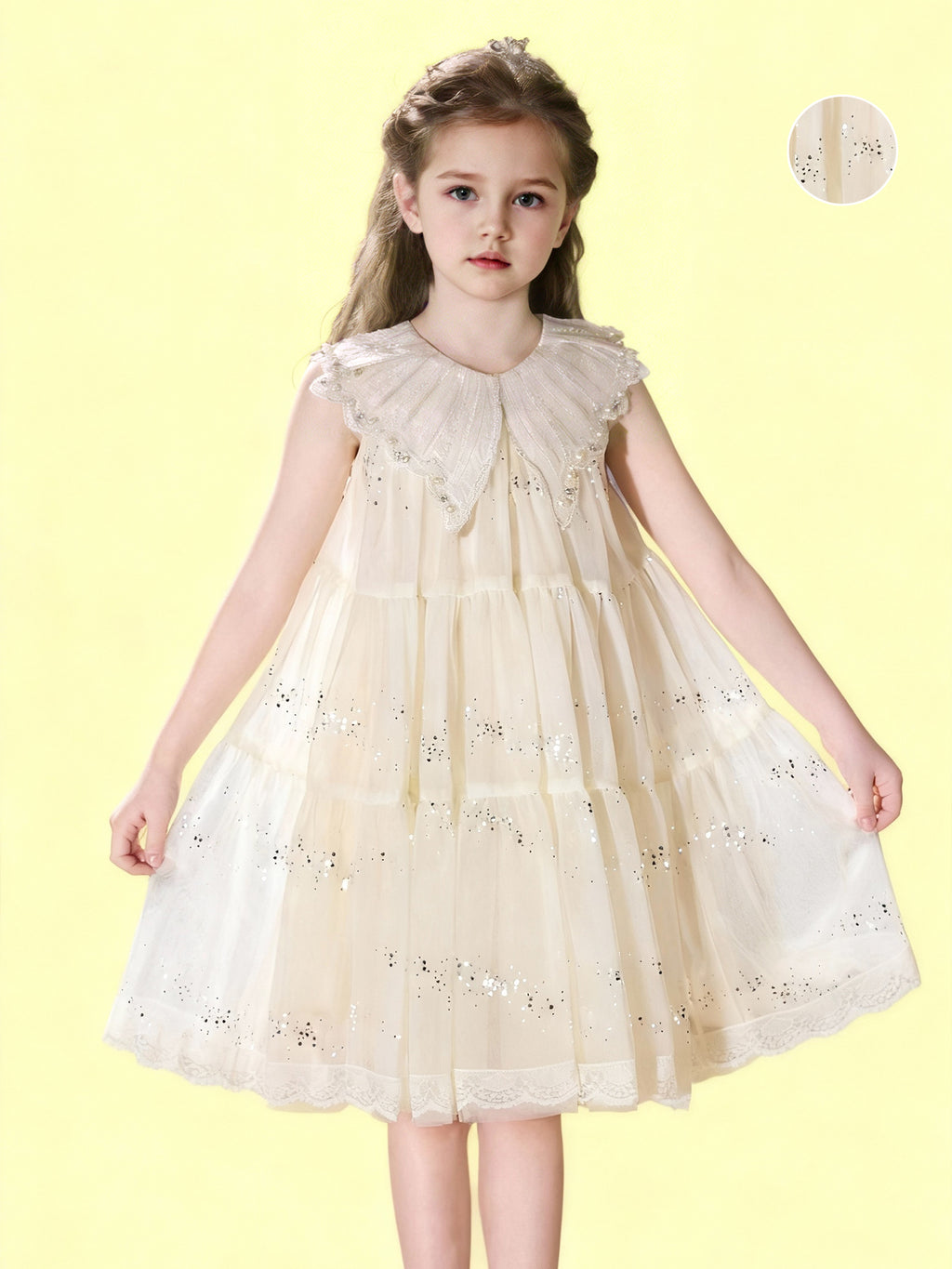 Zvzio Girls Champagne Cake Dress | Butterfly Collar with Diamond Pearl Decor Multilayer Tulle Sequins Lace Trim Flower Girl Dress Princess Party Dress - Short A-Line Dress for Ages 4-9