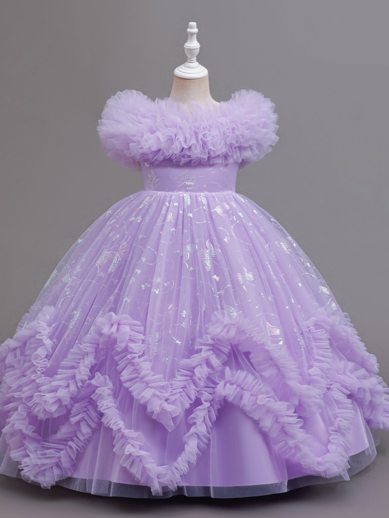 Zvzio Girls Gilded Butterfly Tulle Princess Dress | Reflective Butterfly Fabric Multi-Layer Cross Ruffle Collar 3D W-Shaped Hem Mid-Length Flower Girl Dress Set - Ages 4-9, Multiple Colors